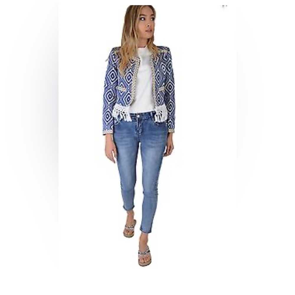 Lovemystyle Blue And White Aztec Print Jacket With Tasselled Hem UK 10 US 6 NWOT - Picture 2 of 7